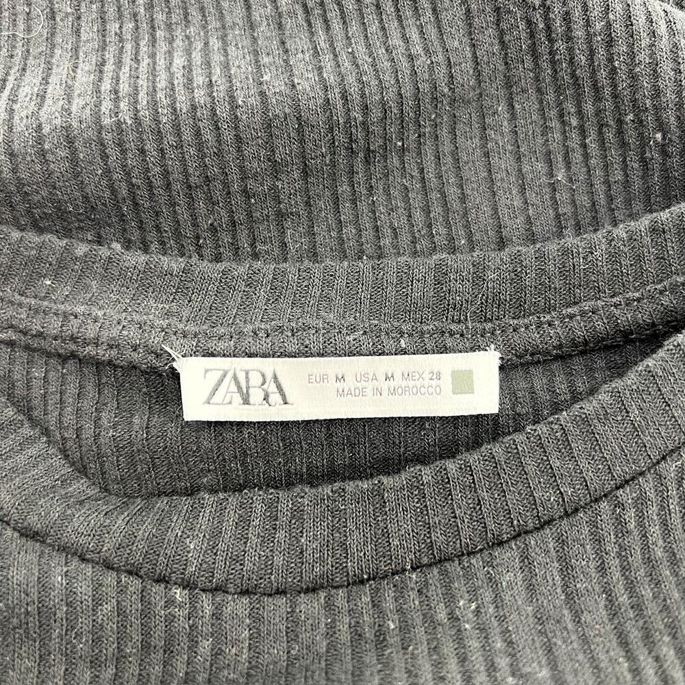 Zara Black Ruffle Sleeve Ribbed Top Medium - Picture 4 of 4